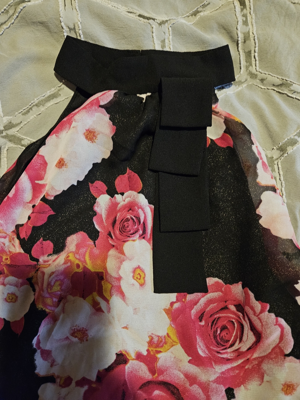 Iz Byer Black Floral Halter Dress with Pink Rose Print